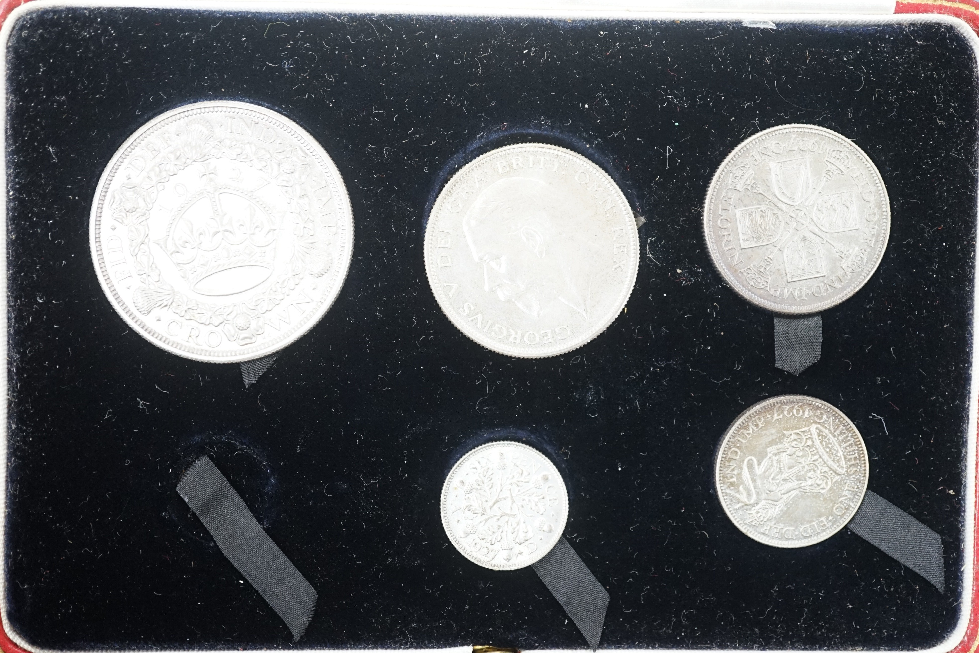Two George V silver proof coin sets 1927, crown to threepence, (one set missing a threepence), Both sets UNC with toning